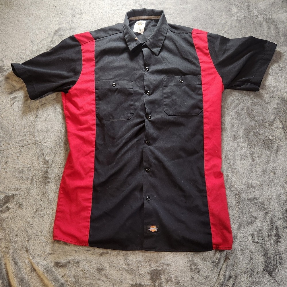 Dickies Shirt Mens Large Black Red Dickies Two-Tone Short Sleeve Work